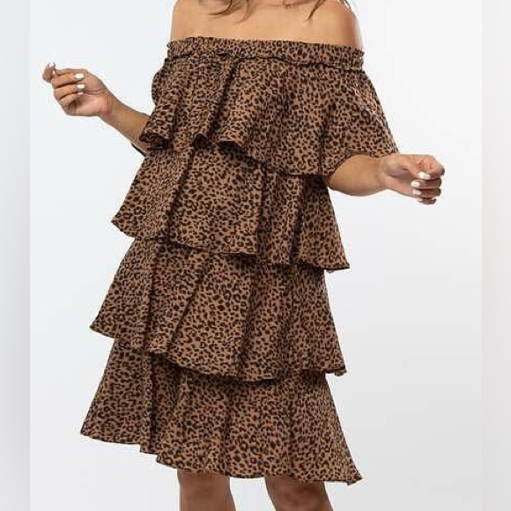NWOT - Women’s Leopard Print Off-Shoulder Tiered Maternity and Postpartum Dress